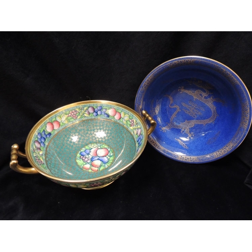 277 - Wedgwood blue ground and glazed bowl decorated internally with gilt coloured dragon and gilt printin... 