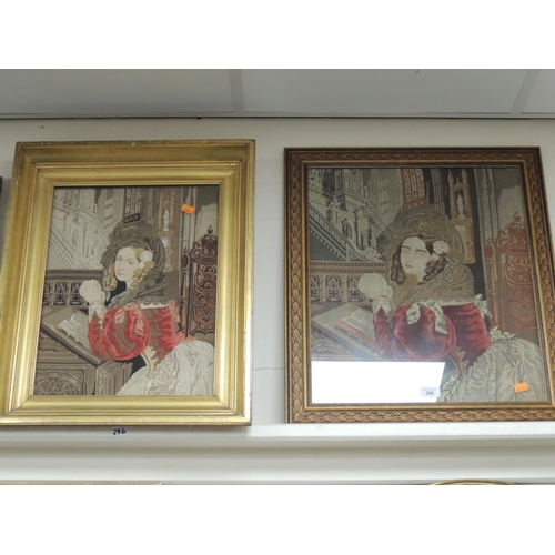 286 - Two framed 'At Prayer' tapestries, one in a moulded wood frame and one in a gilt frame