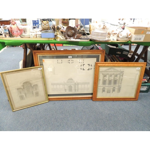 289 - Two birds eye maple framed architectural designs and a further framed architectural design (3)