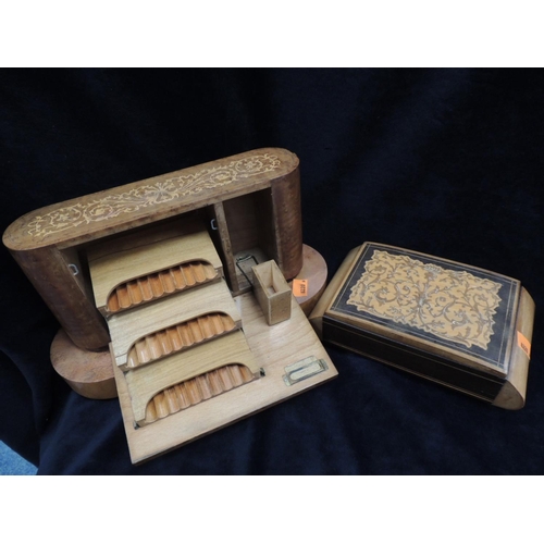 349 - Very unusual boxwood and foliate inlaid drop front cigarette and matchbox holders with musical movem... 