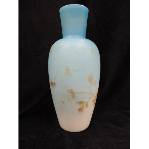 210 - Victorian sky blue satin finish vase with gilt printed floral overlay