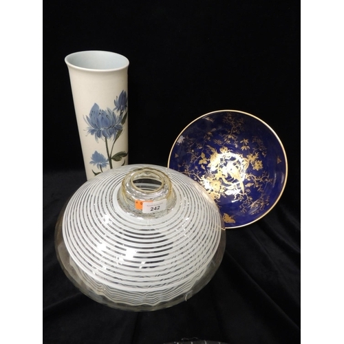 242 - Circa 1960s glass retro ceiling shade; also an Arabia pattern Finland Pottery cylinder vase and also... 