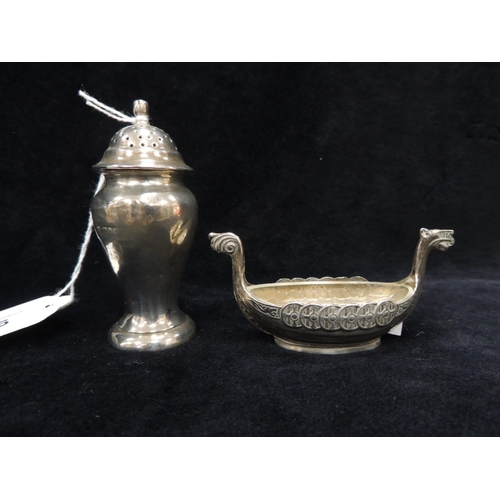 356 - Silver pepperette, London 1910; also a Norwegian sterling silver Viking boat table salt (2)