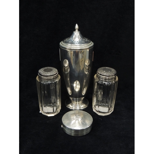 360 - Modern silver sugar sifter, weight 133g; also two silver mounted glass bottles and a silver circular... 