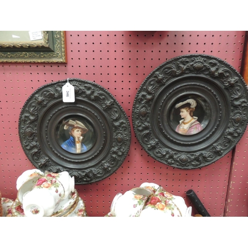 346 - Pair of continental hand decorated porcelain and pressed copper plates