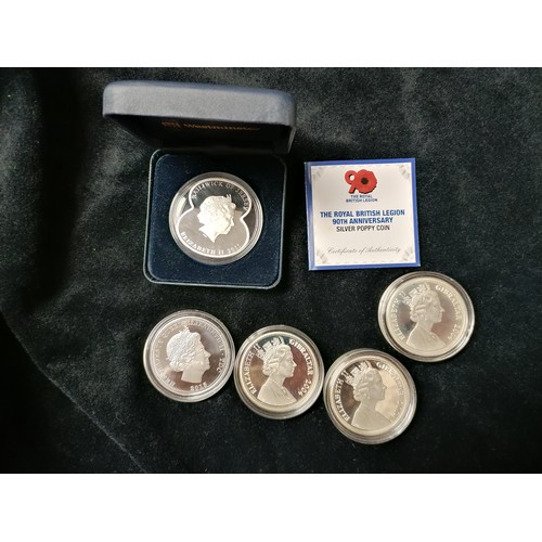 478 - Royal British Legion 90th anniversary silver poppy coin, also three silver £5 commemoration poppy co... 