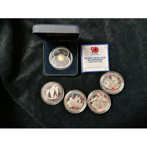 478 - Royal British Legion 90th anniversary silver poppy coin, also three silver £5 commemoration poppy co... 