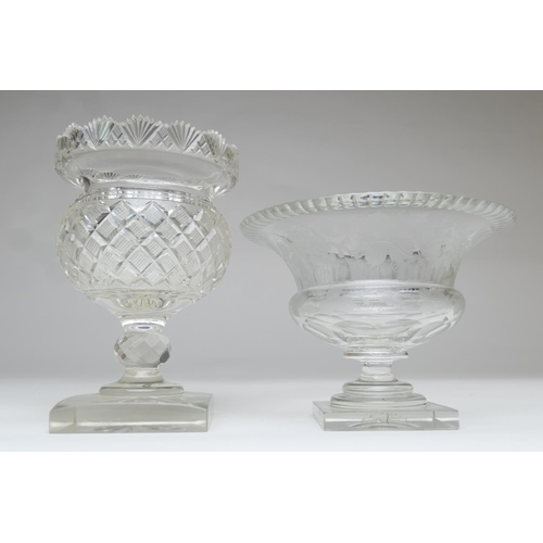 64 - Victorian cut glass footed vase, thistle shape with fan cut rim over a hobnail cut baluster body and... 