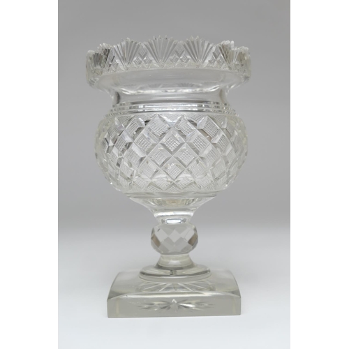 64 - Victorian cut glass footed vase, thistle shape with fan cut rim over a hobnail cut baluster body and... 