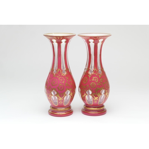 69 - Pair of Bohemian clear and puce overlay glass vases, circa 1880, each of baluster form with trumpet ... 