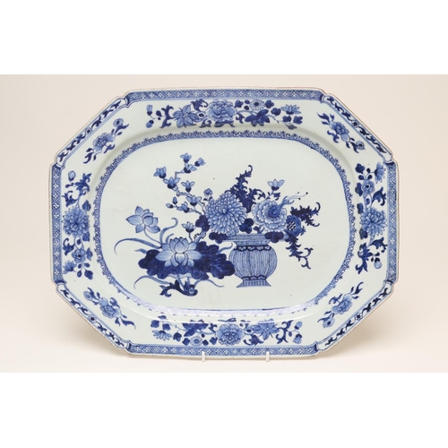 72 - Chinese export blue and white meat plate, 18th Century, canted rectangular form finely decorated to ... 