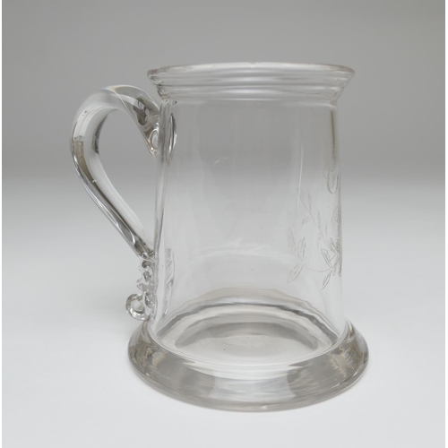 79 - Heavy blown glass pedestal jug, circa 1780, with a folded rim and slightly waisted body over a blade... 