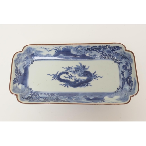 86 - Japanese Arita blue and white dish, Edo Period (late 17th/early 18th Century), rectangular form deco... 