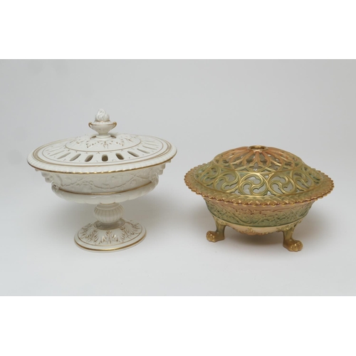 93 - Royal Worcester pot pourri bowl and cover, circa 1908, shape G846, moulded throughout, the cover pie... 