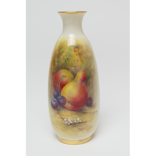 97 - Royal Worcester fruit decorated small vase, by E Townsend, date code for 1925, ovoid form with a fla... 