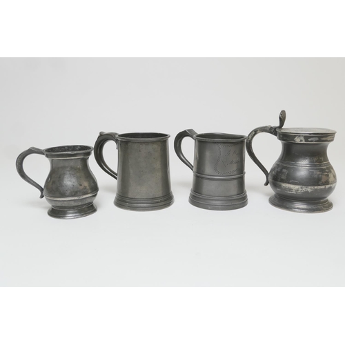 612 - Four pewter tankards, 19th Century, including a baluster lidded pint tankard, 15cm