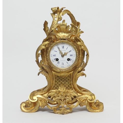 650 - French gilt ormolu mantel clock, by Japy Fils, in Rococo Revival style, with scrolling acanthus encl... 