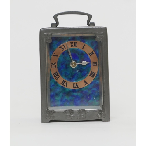 656 - Archibald Knox (1864-1933) for Liberty & Co., a pewter and enamelled carriage clock, the case with s... 