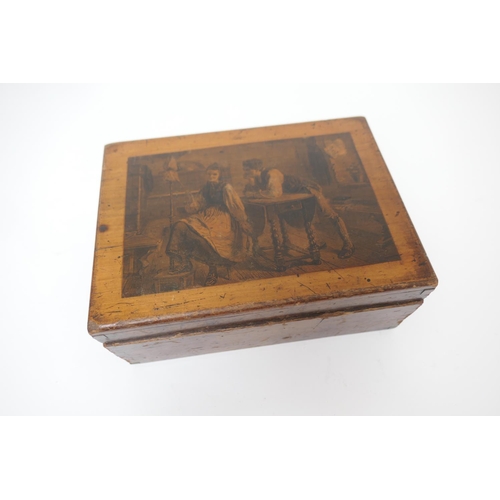 659 - Late 19th Century pine box, the cover with a printed design featuring a peasant couple within an int... 