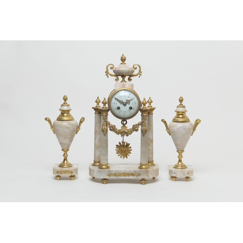 660 - French white marble and ormolu clock garniture, circa 1900, the clock surmounted with an urn, over a... 