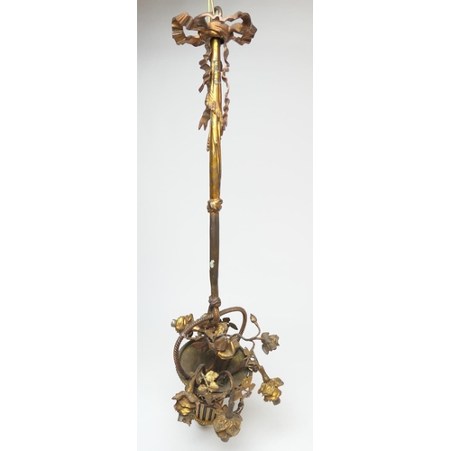 668 - French ormolu light pendant, formed as a basket of flowers, suspended from ribbons with five rose fo... 