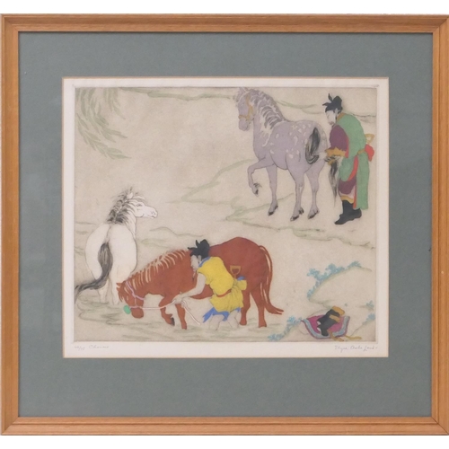 458 - Elyse Ashe Lord (1900-71), Chinese, three steeds, etching in colours, limited edition, numbered 64/7... 