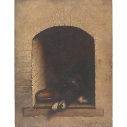 477 - Emilie Preuss (late 19th Century), In the dog house, oil on panel, signed and dated 1900, unframed, ... 