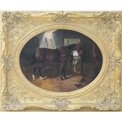 488 - John Frederick Herring Jnr (1815-1907), Stable interior with harnessed horse, oil on relined canvas,... 