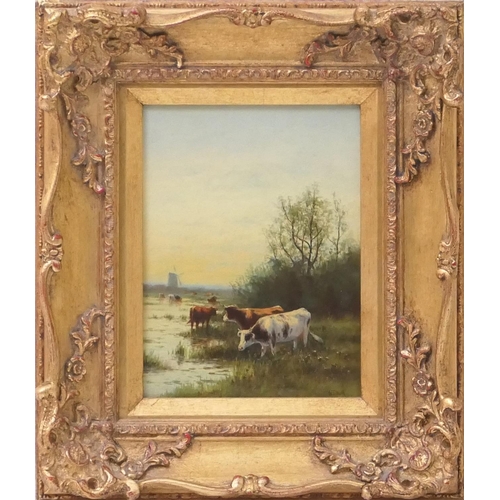 489 - William Frederick Hulk (1852-circa 1906), Pair, Cattle watering at sunrise and sunset, oils on board... 