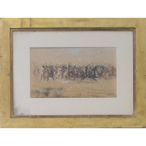 490 - After Ludvig Koch (1866-1934), Cavalry charge, watercolour and bodycolour, possibly over a sepia pri... 