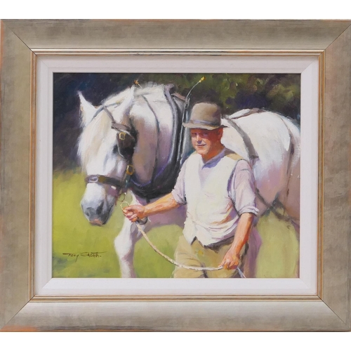 493 - Tony Sheath (b. 1946), Man and horse, oil on canvas board, signed, inscribed and labelled verso, 25c... 