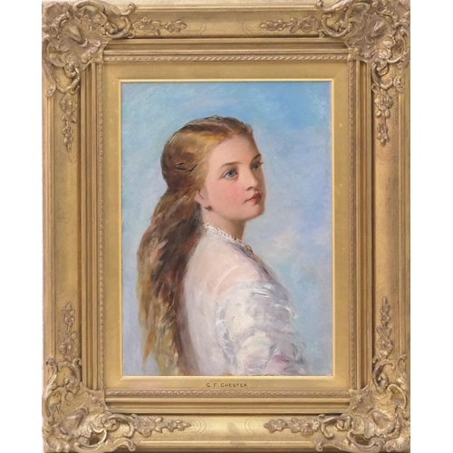 524 - George Frederick Chester (active 1861-89), Portrait of a young girl glancing to her right, oil on bo... 