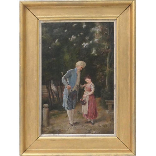 525 - English School (late 19th Century), A consoling hand, oil on canvas, 37.5cm x 24cm