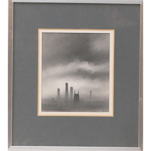 528 - Trevor Grimshaw (1947-2001), Chimneys and church, graphite, signed, inscribed verso, 17.5cm x 15cm