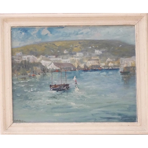 529 - Robert Hope (1869-1936), Boats in a harbour at high tide, signed oil on canvas, 35cm x 44cm