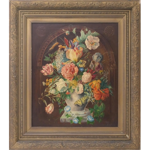 532 - English School (early 20th Century), still life with mixed flowers in a vase with butterflies and ot... 