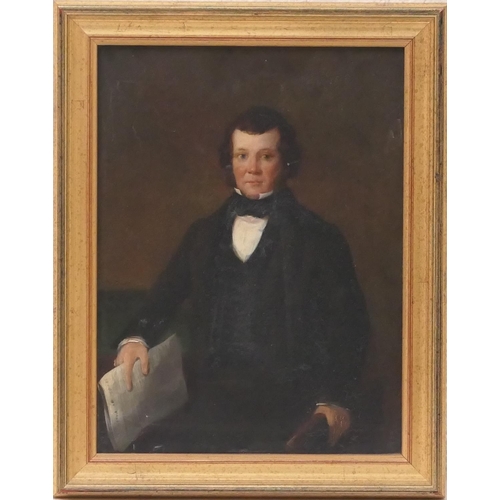 549 - English School (mid 19th Century), Portrait of a young gentleman seated holding a newspaper, oil on ... 