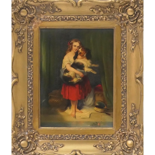 560 - English School (mid 19th Century), Best friends, a girl holding her pet spaniel, oil on millboard, 3... 