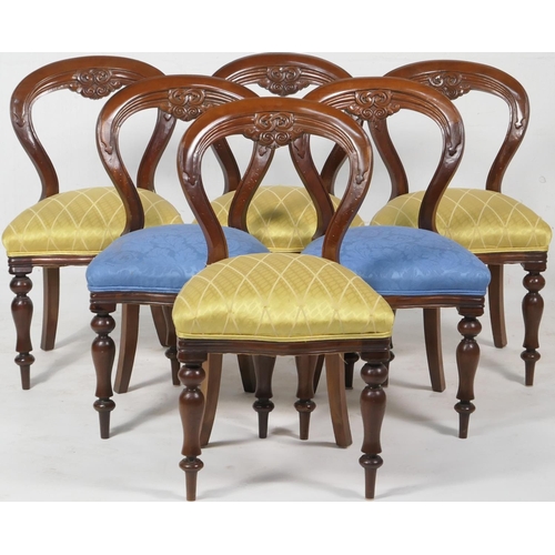 721 - Six Victorian mahogany balloon back dining chairs, with upholstered pad seats, raised on inverted ba... 