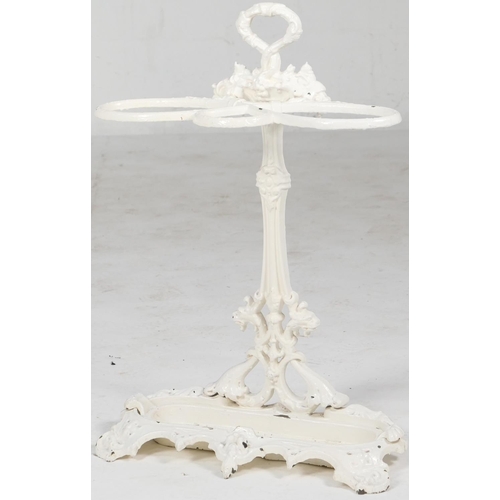 725 - Victorian cast iron stick stand, complete with drip tray, painted white, height 74cm, width at the b... 