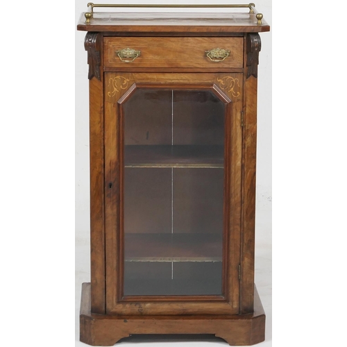 728 - Victorian walnut and inlaid music cabinet, circa 1860-80, having a brass three-quarter gallery top o... 