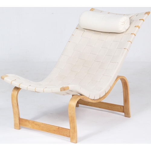 740 - Bruno Mathsson, Eva laminated bentwood lounge chair, designed circa 1934,  with cream webbed fabric ... 