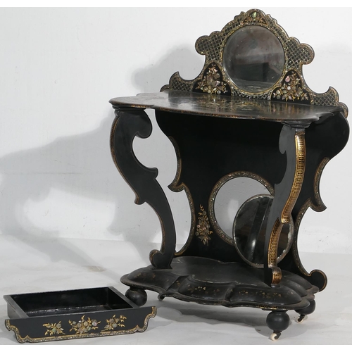 746 - Victorian black lacquered papier mache lady's dressing table, circa 1850, the back having a circular... 