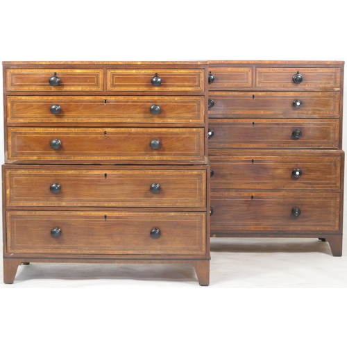 749 - Pair of late George III mahogany and satinwood banded chests on chests, circa 1800-20, each fitted w... 