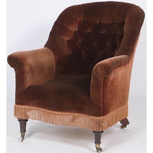 774 - Victorian mahogany and upholstered gentleman's smoking armchair, circa 1870, spoon shaped deep butto... 