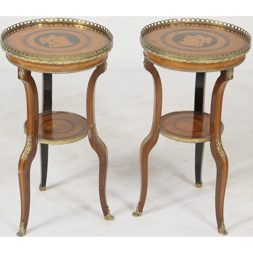 776 - Pair of Italian mahogany and inlaid two tier tables, each with a brass galleried circular top centre... 