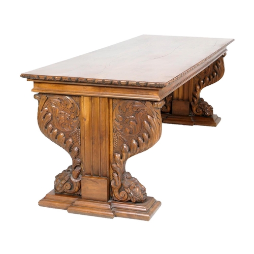 686 - Anglo-Indian walnut refectory table, the elongated rectangular top with moulded edge supported on ba... 