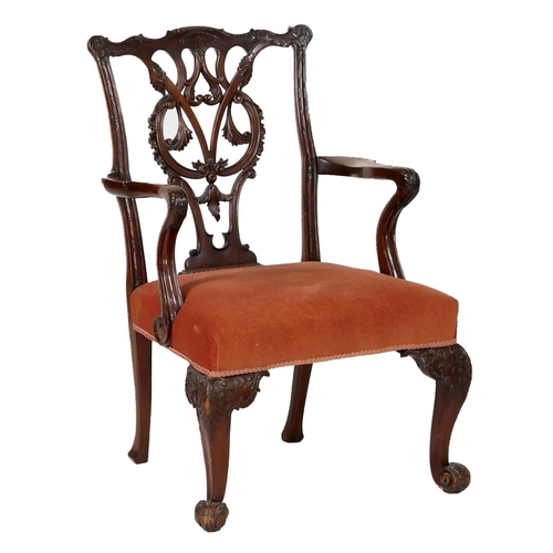 693 - Chippendale style carved mahogany armchair, possibly Irish, 19th Century, interlaced carved splat ba... 