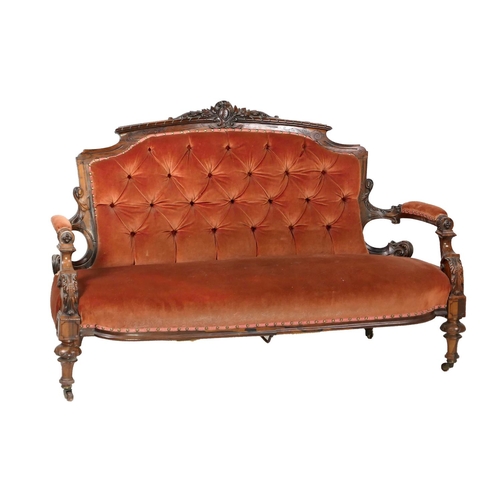 694 - Quality Victorian carved rosewood and upholstered settee, circa 1850, having a cresting rail carved ... 