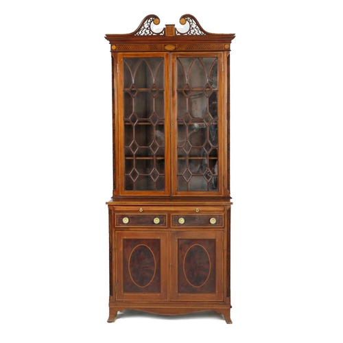 706 - Late George III mahogany and inlaid bookcase cabinet, circa 1790-1810, of small proportions, surmoun... 